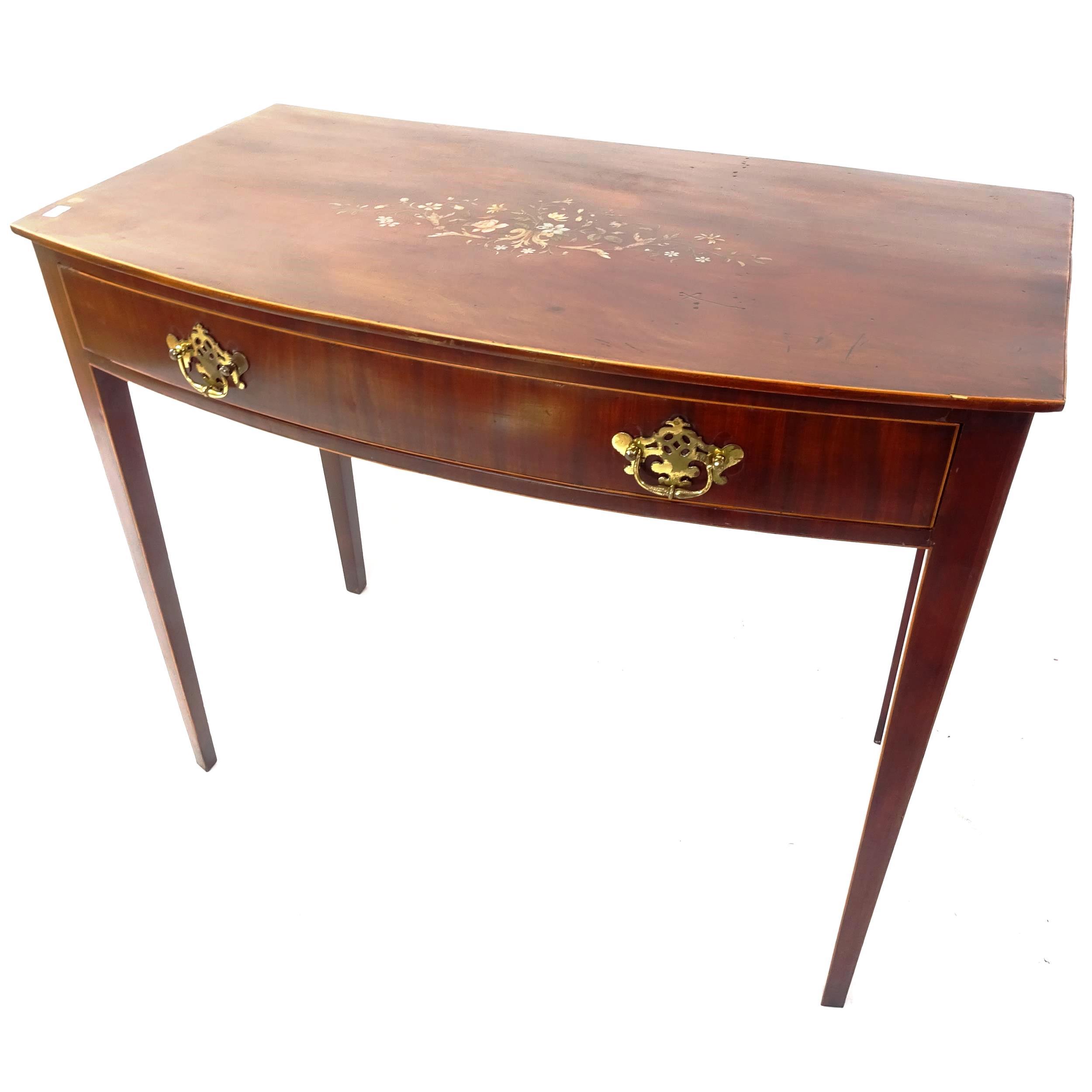 A 19th century mahogany bow-front side table, with painted floral top, with a satinwood-strung