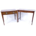 A bow-front mahogany side table with single frieze drawer, W82cm, H73cm, D50cm, and another (2)