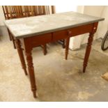 A zinc-top table on a painted pine base, on turned legs, W91cm, H75cm, D53cm