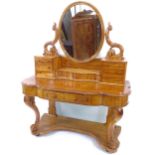 A Victorian duchess figured walnut dressing table, W120cm, H150cm, D55cm and a stool
