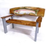 CLIVE FREDRIKSSON - a handmade painted and polished pine bench, with painted fish back panel, W120cm