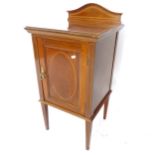 An Edwardian mahogany and satinwood-strung pot cupboard, W40cm, H80cm, D37cm