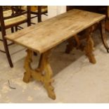 An Antique pine Gothic style bench, L93cm