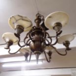 An Antiqued metal 6-branch chandelier, with marble sconces