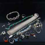 Various silver and other costume jewellery, to include rings, a stone set and marcasite panel
