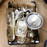 Various silver plated serving trays, ice bucket, cased cutlery etc (boxful)