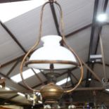 A brass ceiling oil lamp converted to electric, with milk glass shade, height 85cm, and another