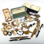 A quantity of mixed costume jewellery, to include cameos, wristwatches, gilt-metal and other