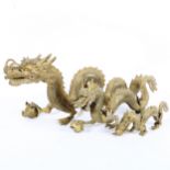 A graduated set of 3 Imperial Chinese brass dragon and pearl figures, largest length 50cm (3)