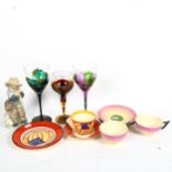 3 glasses, Wedgwood Clarice Cliff trio etc