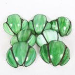 A set of 7 Art Deco style green marbled glass wall light fittings, width 26cm