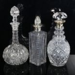 2 glass decanters and stoppers with silver collars, and another, height 31cm