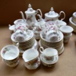 Royal Albert Moss Rose tea set, including tea and coffee pots, and 3 jugs