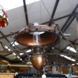 A Duplex wrought-iron and copper ceiling oil lamp, height 90cm