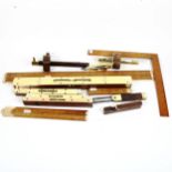 Polished brass spirit levels, including Preston, boxwood rules etc