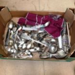 A large quantity of Old English, King's pattern and other silver plated cutlery (boxful)