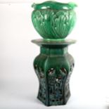 A Majolica jardiniere on matched Oriental pierced ceramic stand, height 78cm overall (A/F)