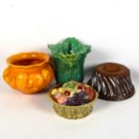 French Majolica pottery fruit bowl and cover, an Art Nouveau Bretby jardiniere, a jelly mould etc