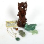 Various carved jade, carved wood sage figure, intaglio seal fob etc