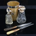 A 19th century horn beaker with silver bands, 2 silver-mounted scent bottles etc