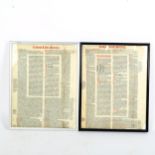 2 pages of Codias Liber Sextus, both framed, overall 33cm x 26cm (2)