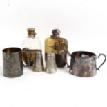 2 hip flasks with plated cups, 1 snakeskin covered, 2 plated Christening tankard etc