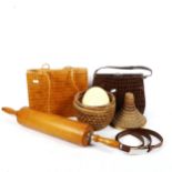 A large rolling pin, 2 leather handbags, 1 marked Gucci, a belt, an ostrich egg (A/F) etc