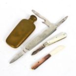 A miniature brass hip flask, a silver-bladed mother-of-pearl fruit knife etc