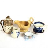 Various ceramics, including 18th century lemon strainer, blue and white sparrow beak jug, enamel