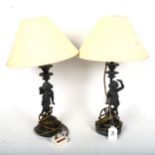 A pair of table lamps with composition figure supports, and shades, height 42cm