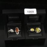 4 silver stone and amber set dress rings