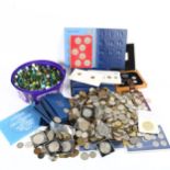 A quantity of world coins and glass marbles (boxful)
