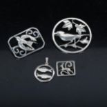 3 Danish silver openwork brooches of bird and deer design, and a fish design pendant (4)