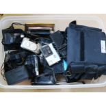 Various cameras, binoculars and accessories, including Canon, Olympus etc (boxful)