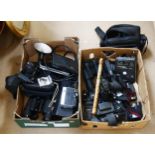 A large quantity of cameras and binoculars, including Chinon CEII, Olympus Zuiko etc (2 boxes)