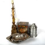 A table lamp with cherub figure supports, a painted box, a stein, and a pair of silver plated