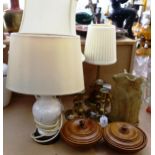 19th century brass candlesticks, a stoneware Harvest jug, table lamps, turned wood boxes etc