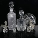 A bark effect glass decanter and stopper, another, a crystal mouse etc