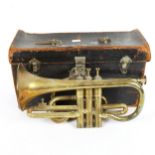 A Rudall Carte & Co Ltd brass 3 valve trumpet, in leather carrying case