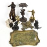 Various brass ornaments, frog candle holder etc