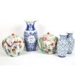 A Chinese blue and white vase, 32cm, 2 similar enamelled pots and covers, and a pair of blue and