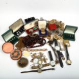 A box of mixed costume jewellery, wristwatches, cufflinks etc