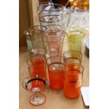 Various decorative drinking glasses, and a similar jug