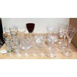 Various drinking glasses, including pair with air twist stem etc