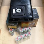 2 boxed potable gas heaters, butane gas canisters, and a portable range