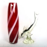 A Murano art glass dolphin, signed Bottaro, and a red banded vase, 49cm (2)