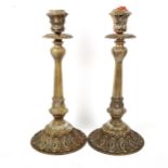 A large pair of silver plate on brass table candlesticks, height 50cm