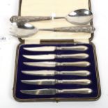 A cased set of 6 silver-handled knives, and a pair of Edwardian silver King's patterned handled