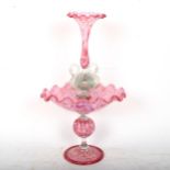 A Vintage pink glass table centre epergne with swan supports, height 36cm