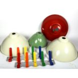 A Vintage red enamel lamp shade, 37cm, 3 metal shades, and a pair of colourful sets of coat hooks